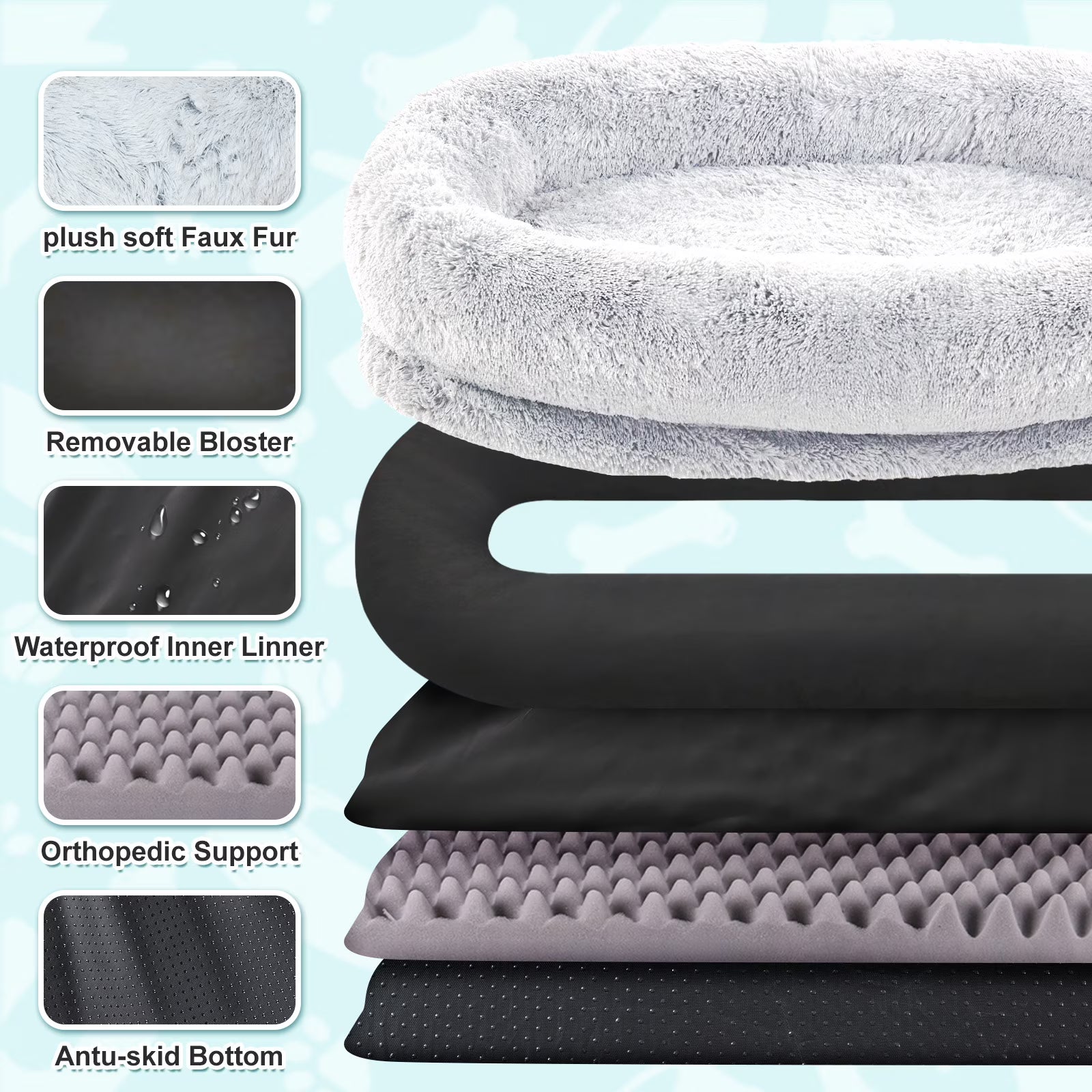 Dokdogs Human Dog Bed – 71"x45"x12" Washable Faux Fur Lounger for Adults & Pets, Cushion with Orthopedic Support, Includes Pillow & Blanket – Grey